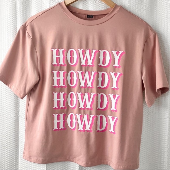 Pink Howdy Western Graphic Tee Drop Shoulder Cowboy Cowgirl Shirt Size Small - Picture 2 of 5